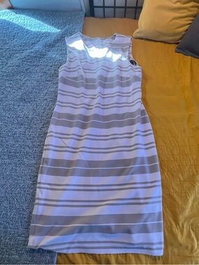 Calvin Klein Sleeveless Striped Midi Dress in White and Light Gray